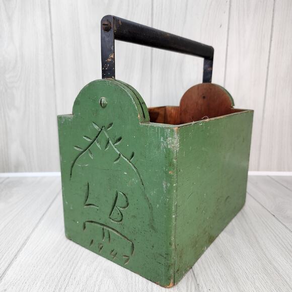Unbranded Other - Vtg 1947 Wooden Box 12" X 9"x7" Green Carry All "Cold War Era" Tool Caddy Handle